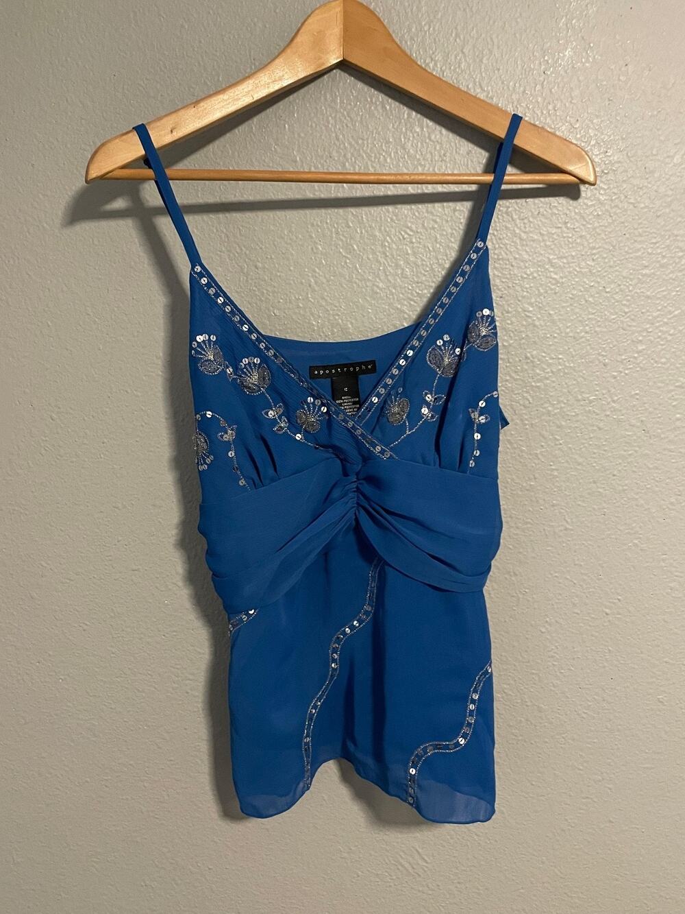 Apostrophe Tank Top Womens 12 Blue Embroidered Sequin Babydoll Party Fairy Y2K